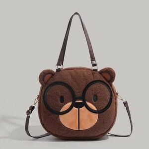 Brown Sherpa Fleece Bear Face Tote Bag with Glasses Novelty Crossbody Purse